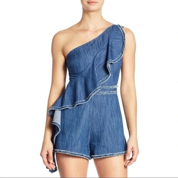 Alexis Blakely Mini Romper Women’s XS Chambray Denim‎ Jeans Ruffle One Shoulder - Picture 1 of 7